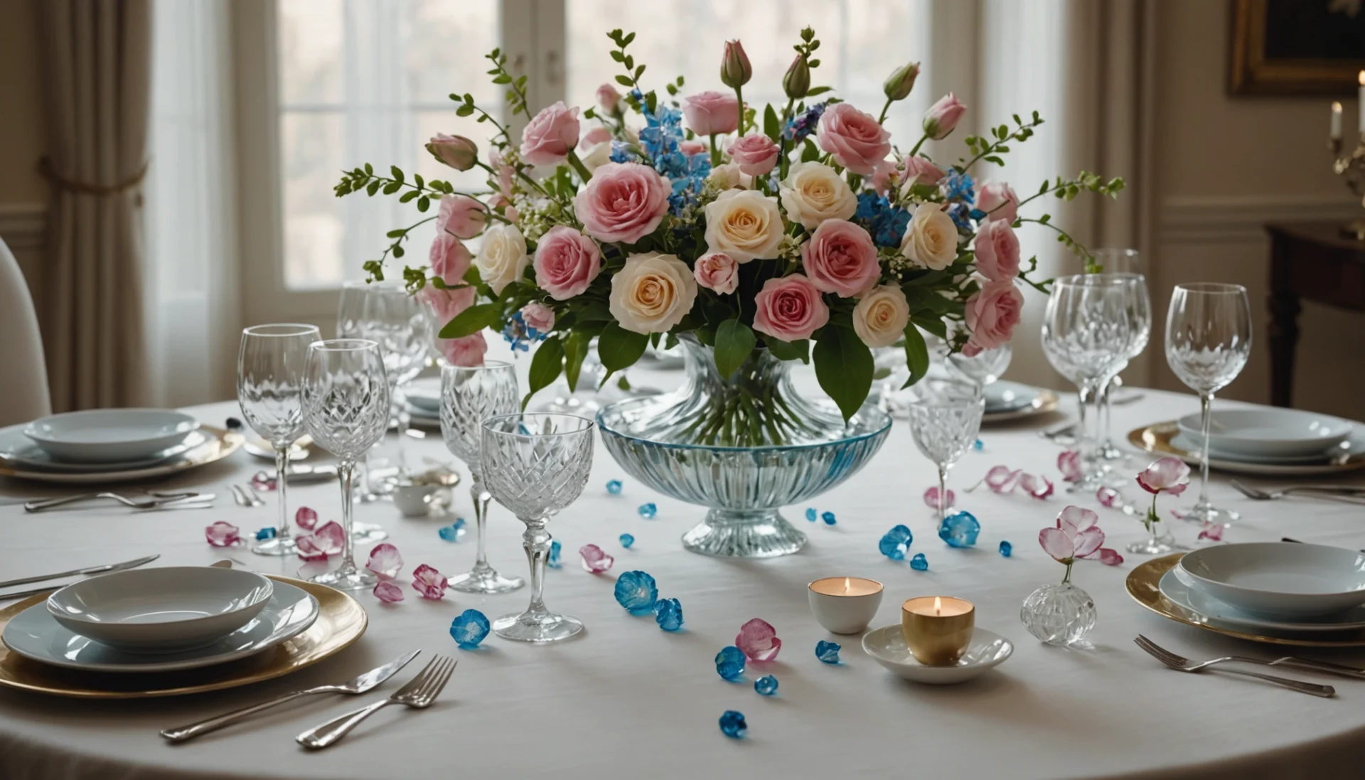 décoration de table avec fleurs en verre